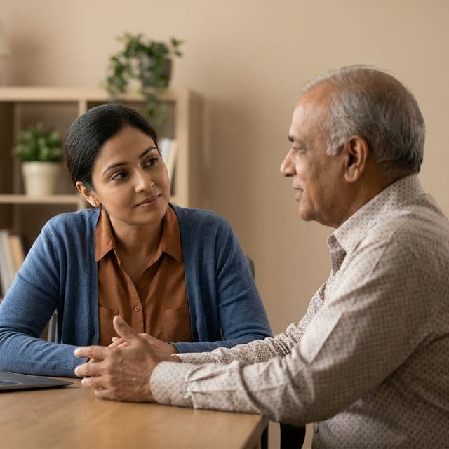 Doctor listening attentively to patient at eye level in a warm setting