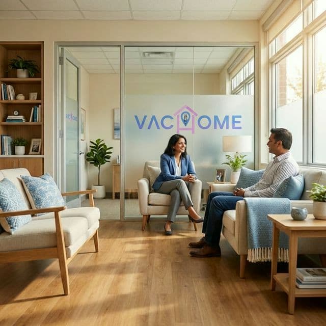 Warm, softly lit clinic interior with physician and patient in calm conversation