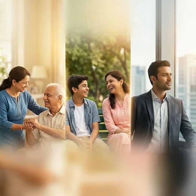 Conceptual grouping of different life stages: adolescent with parent, adult professional, elderly individual, all in warm confident settings