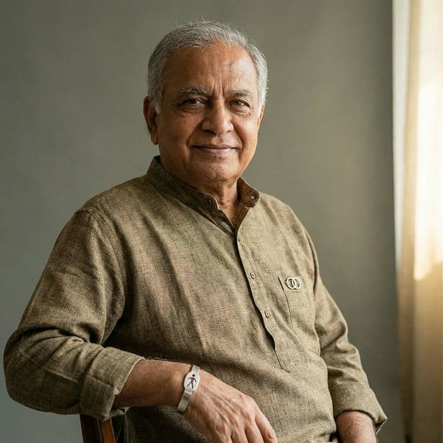 Elderly individual portrait with same background tone, neutral and confident